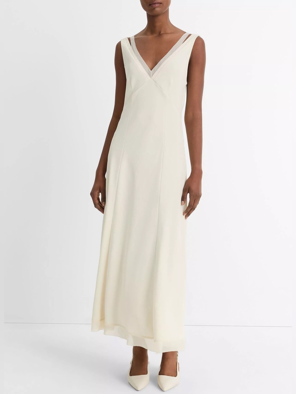 Vince Chiffon and Faux-Leather Layered Slip Dress Cream Ivory size Small